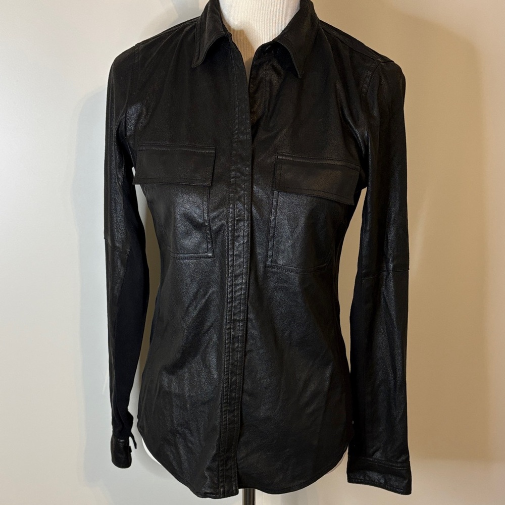 BCBGMaxAzria Black Coated Cotton Button Down Shirt | XS